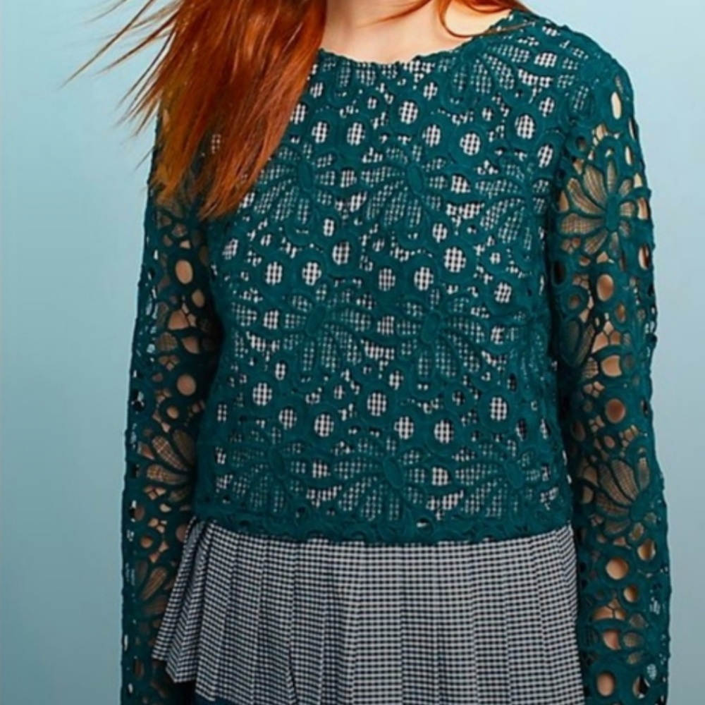 Anthropologie Maeve Green Pleated Lace Top Gabriella Gingham (size small)